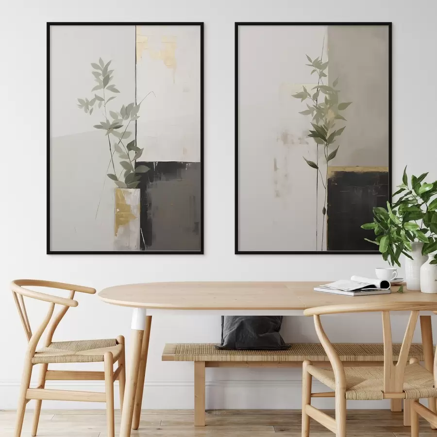 Papier peint photo Une peinture minimaliste texturée représentant un vase avec des feuilles vertes sur fond de formes géométriques abstraites. d01126