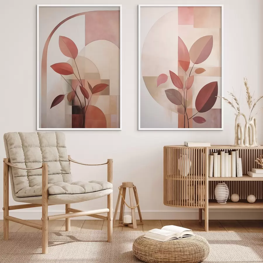 Papier peint photo Plante abstraite aux feuilles rouges sur fond de formes géométriques et de couleurs douces et discrètes d01128