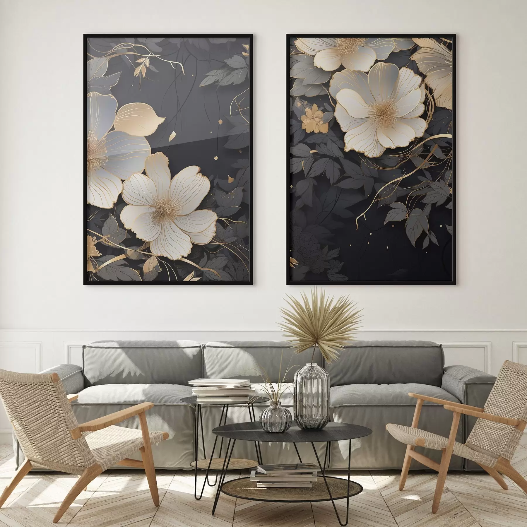 Papier peint photo Grandes fleurs abstraites sur fond sombre d01066