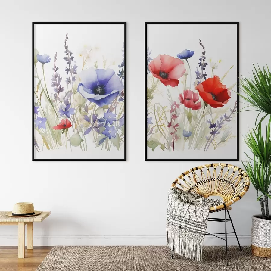 Papier peint photo Coquelicots dans un champ, effet aquarelle d01067