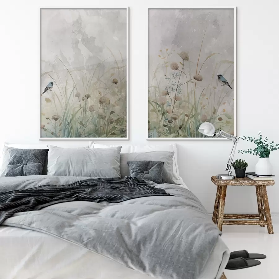 Papier peint photo Oiseaux sur fond de fleurs sauvages d01068