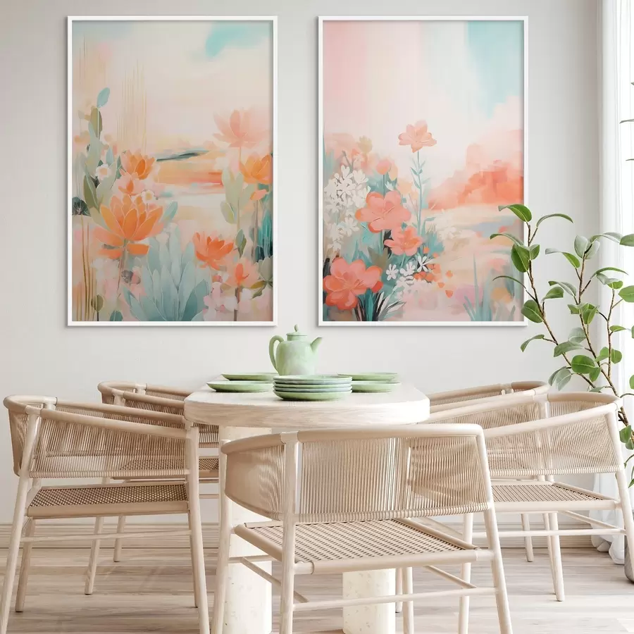 Papier peint photo Motifs floraux aux tons pastel sur fond de vallée brumeuse et lumineuse d01085