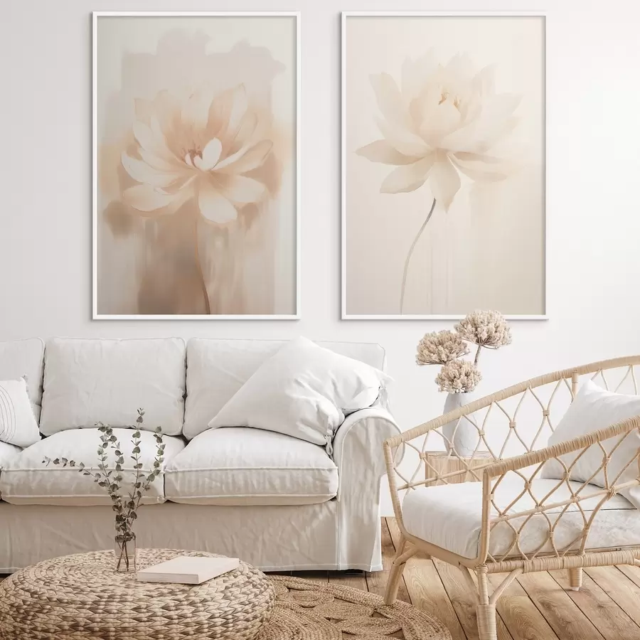 Papier peint photo Composition florale dans des tons beiges chauds avec des coups de pinceau légers et un arrière-plan aérien d01087