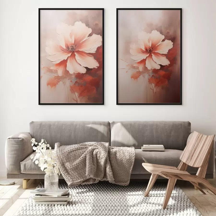 Papier peint photo Composition florale : pétales blancs et crème, accents corail et fond brumeux délicat. d01088