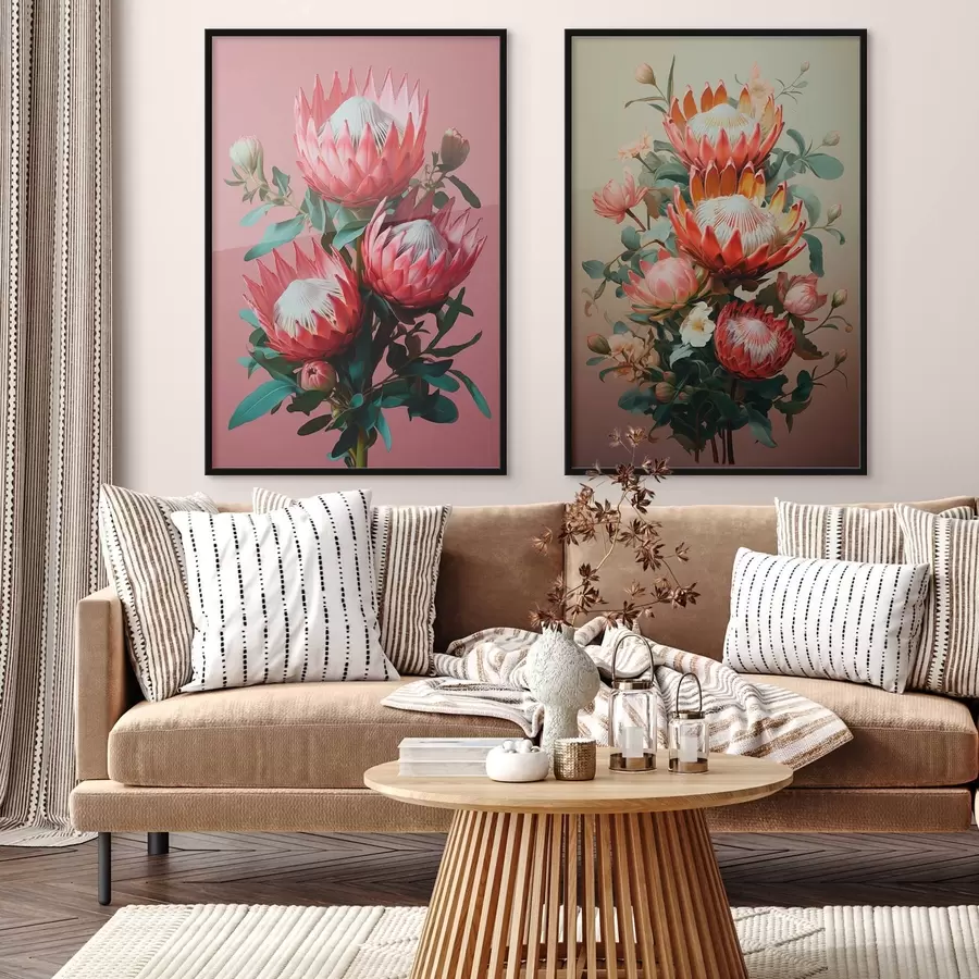 Papier peint photo Proteas dans deux ambiances : fond rose intense et dégradé olive chaud d01092