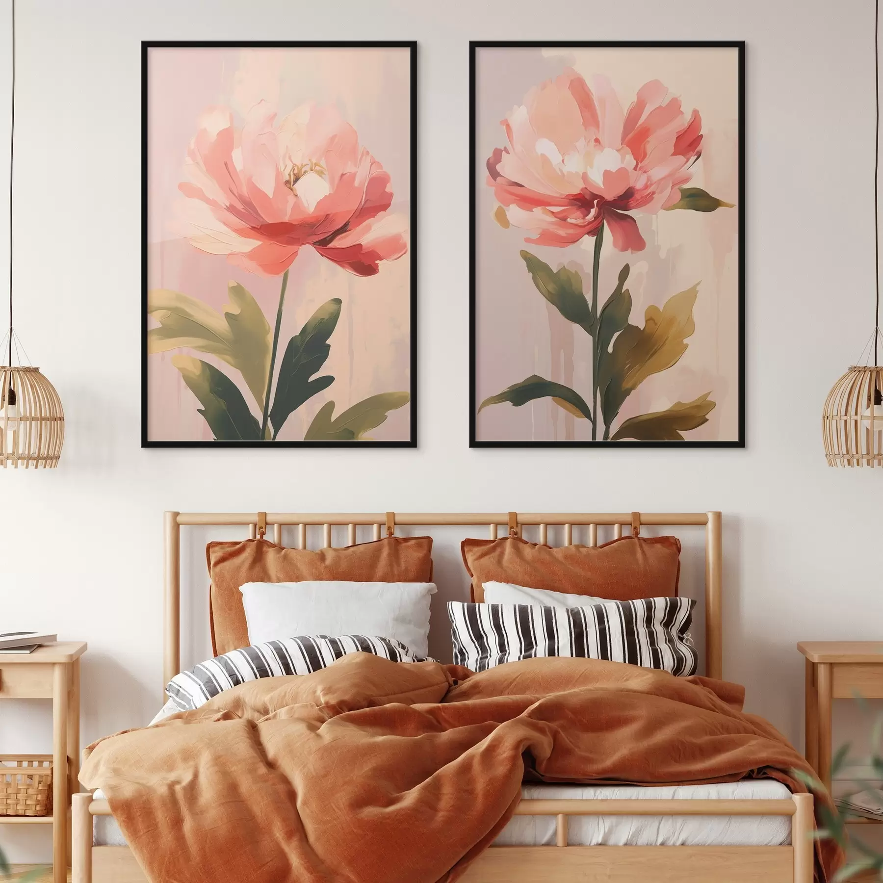 Fotobehang Pastelkleurige pioenrozen op lange stelen in warme roze tinten d01093