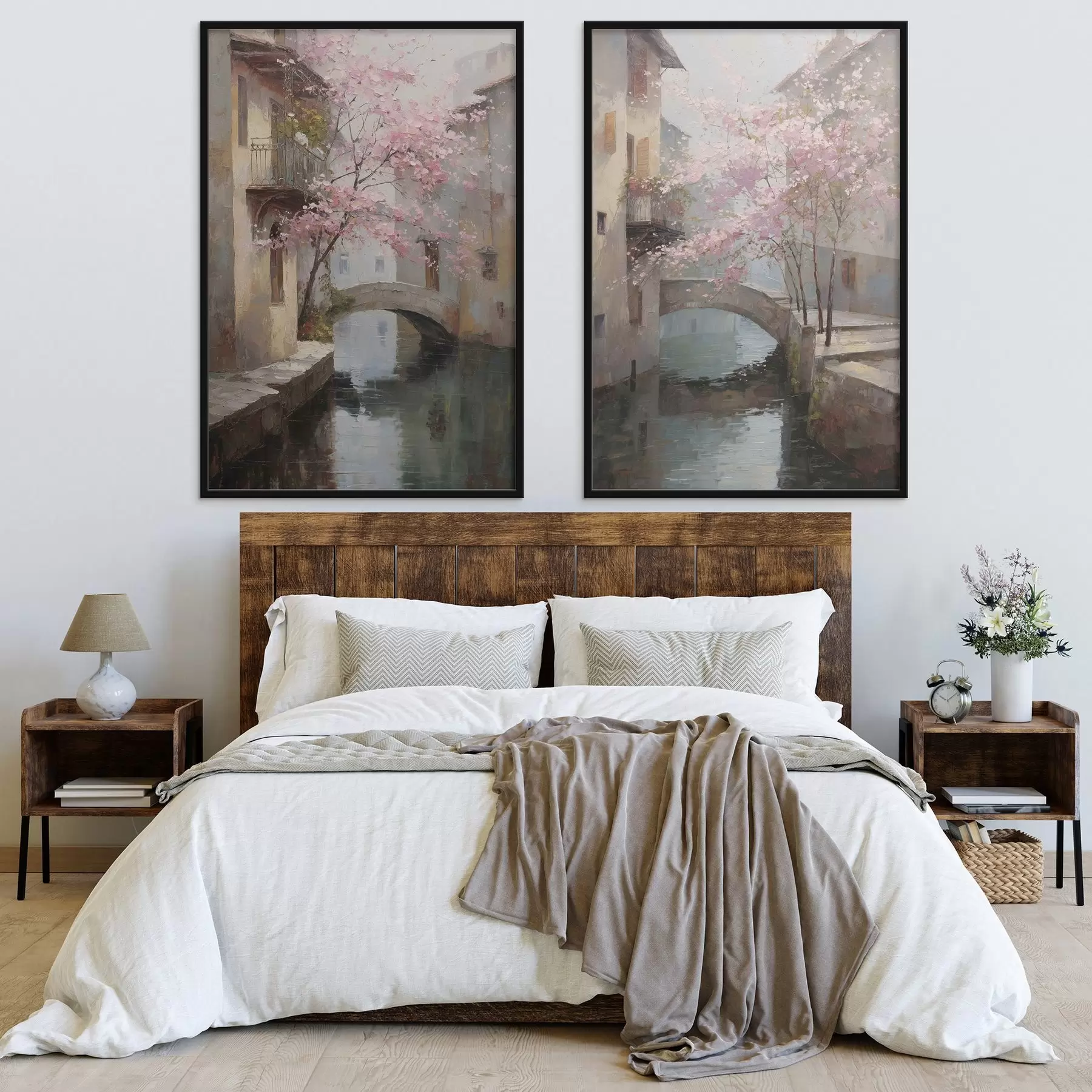 Fotobehang romantisch stadsgezicht met een bloeiende boom in de stijl van een olieverfschilderij d01173