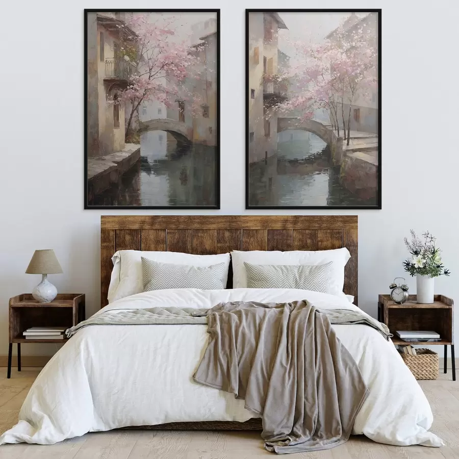 Papier peint photo paysage urbain romantique avec un arbre en fleurs dans le style d'une peinture à l'huile d01173