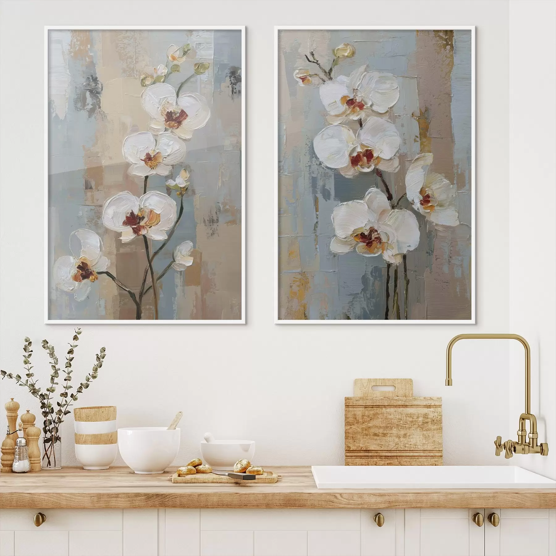 Fotobehang witte orchideebloemen in de stijl van een olieverfschilderij d01175
