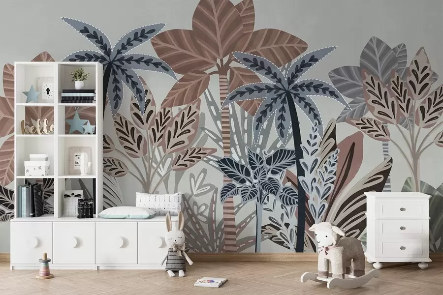 Fotobehang Getextureerde tropische planten en palmbomen met gedempte kleuren in decoratieve boho-stijl tegen een grijze achtergrond w09639v1