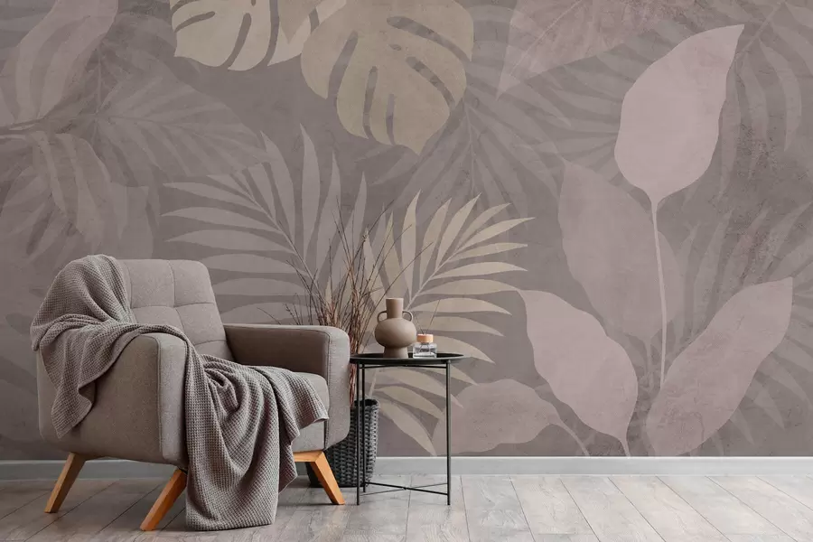 Fotobehang gestructureerde tropische bladeren op een grijze achtergrond w05063v1
