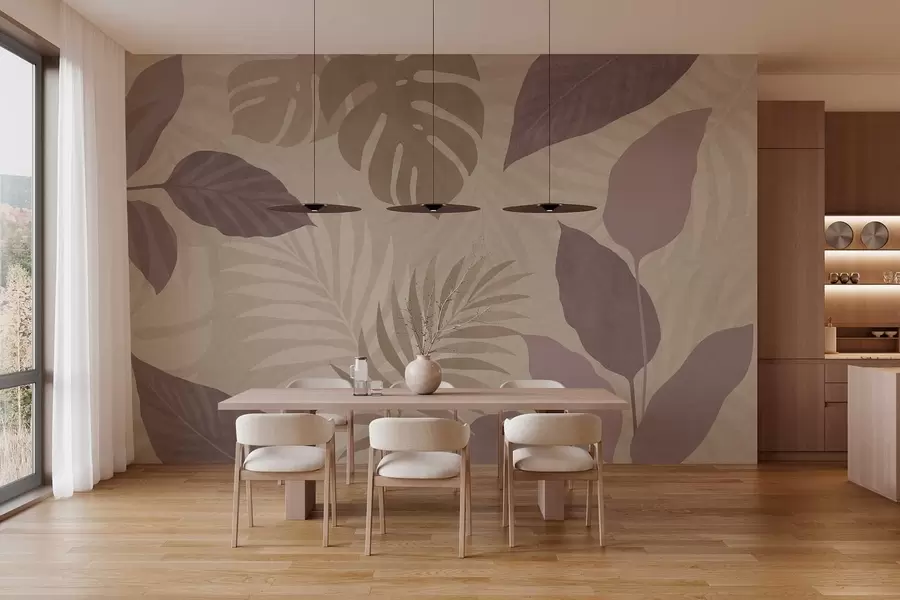 Papier peint photo feuilles tropicales texturées sur fond sableux w05063