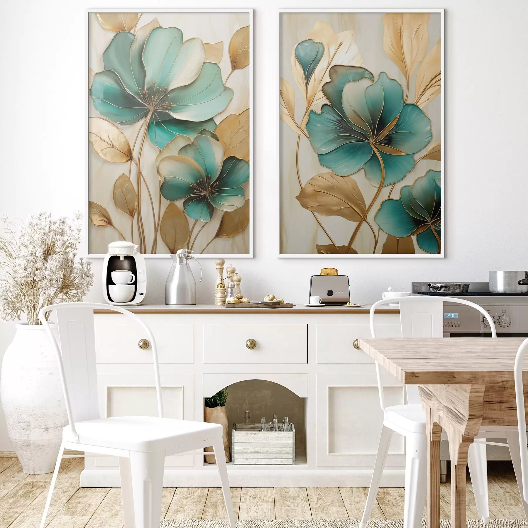 Fotobehang Grote blauwgroene en gele bloemen met contouren, omgeven door gele bladeren tegen een abstracte achtergrond d01235
