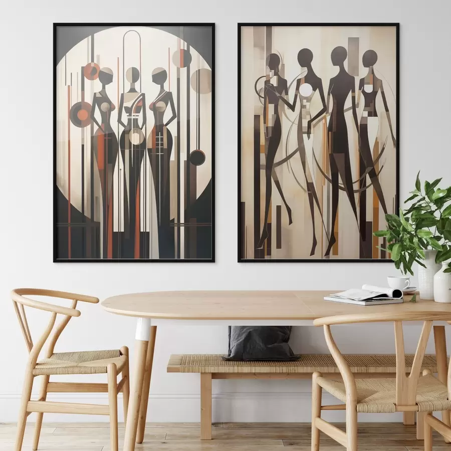 Papier peint photo Figures féminines stylisées avec des éléments géométriques sur un fond abstrait composé de lignes verticales et de cercles. d01237