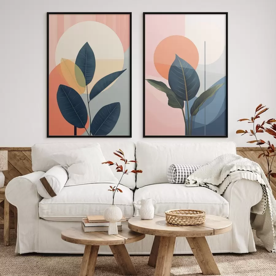 Papier peint photo Feuilles sombres sur fond de formes abstraites dans les tons pêche et gris, avec un grand cercle jaune pâle. d01238