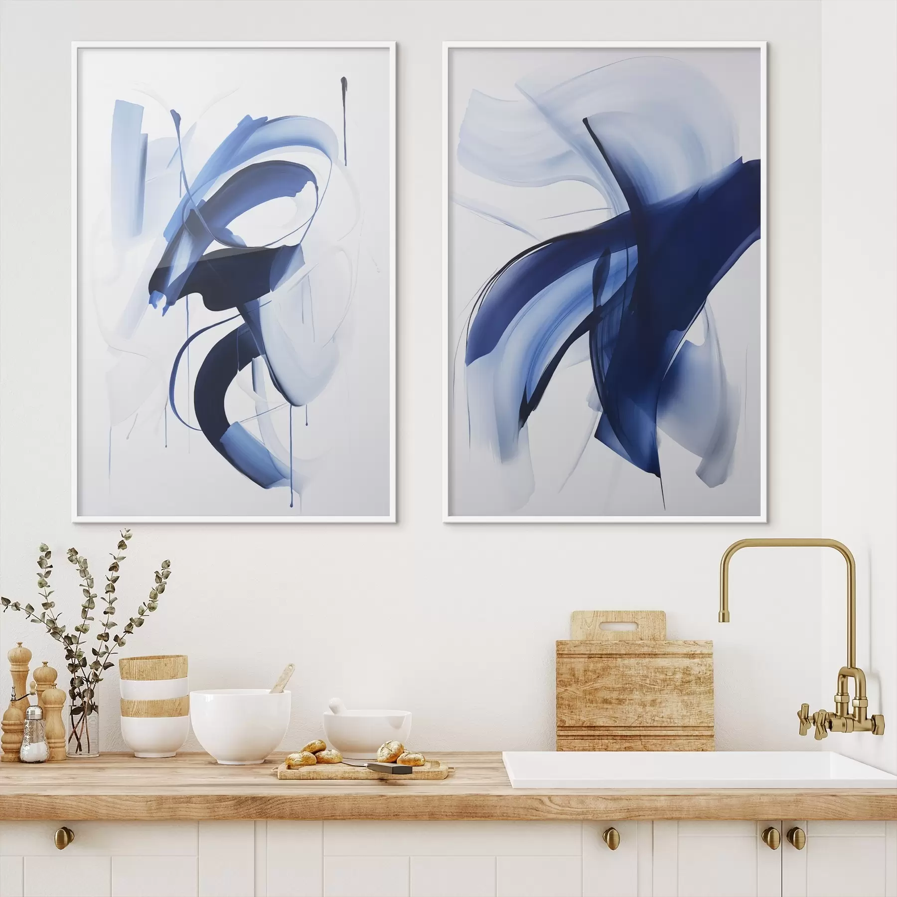 Fotobehang Abstracte blauwe penseelstreekachtige vormen met vloeiende lijnen en rondingen tegen een witte achtergrond, moderne kunst d01240