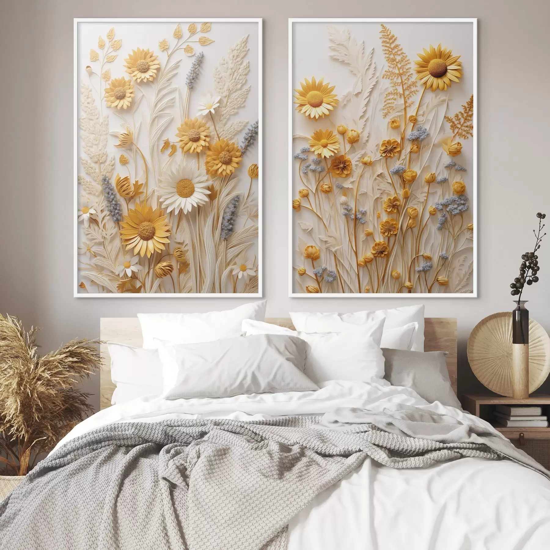 Fotobehang Een collectie met textuur van gele en witte madeliefjes met gedroogde grassen en lavendeltakjes op een witte achtergrond d01241