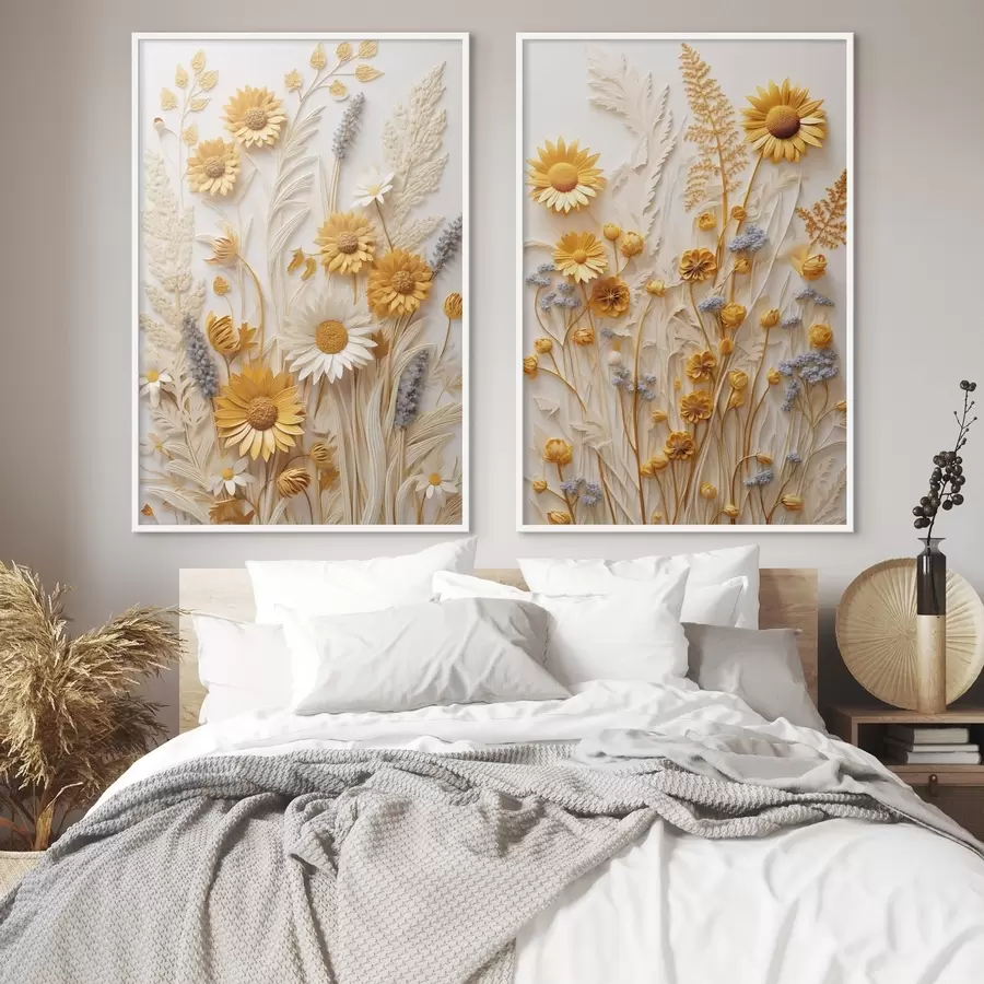 Papier peint photo Une collection texturée de marguerites jaunes et blanches avec des herbes séchées et des brins de lavande sur fond blanc. d01241