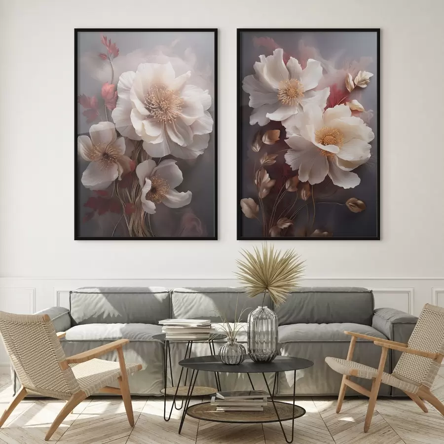 Papier peint photo Pivoines délicates aux pétales fins et vaporeux, entourées de feuilles rouge foncé et jaunes sur fond abstrait. d01243