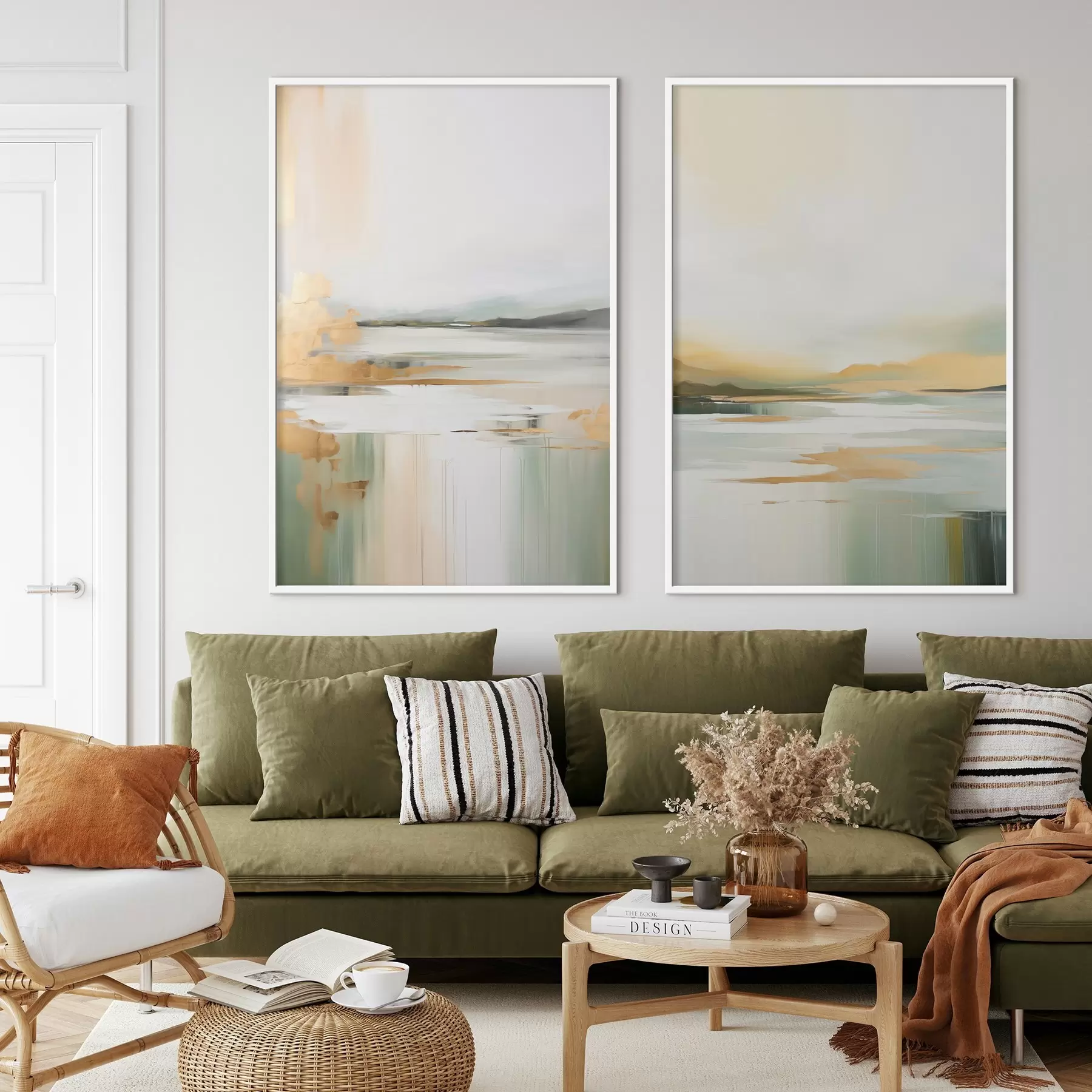 Fotobehang Abstract landschap met gele en groene tinten, water dat de lucht en verre bergen weerspiegelt, bleke, wazige lucht d01245