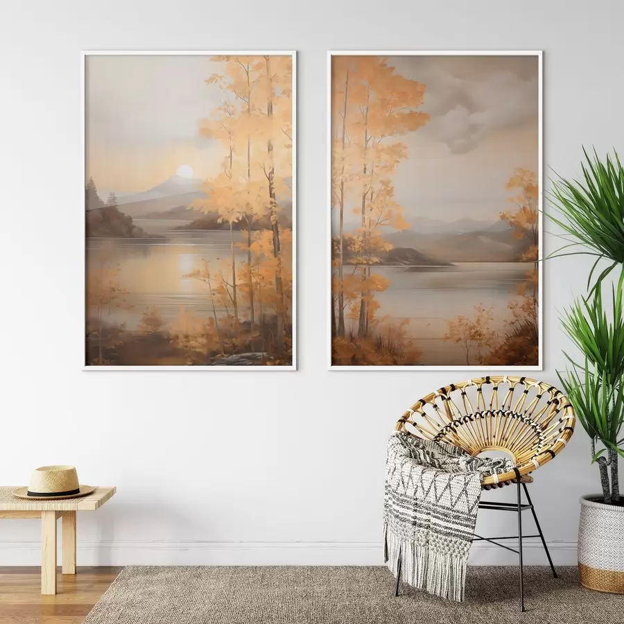 Papier peint photo Des arbres aux feuilles orange, caractéristiques de l'automne, encadrent un lac paisible avec des montagnes lointaines sous un ciel nuageux. d01246