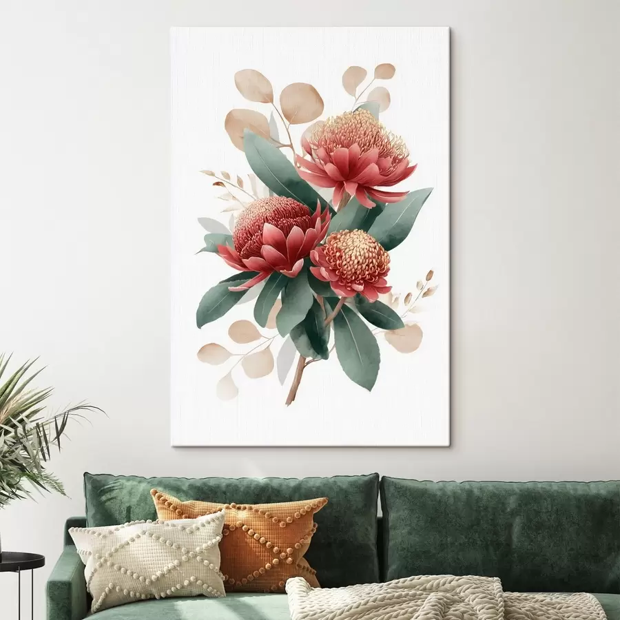  Peintures Bouquet expressif composé de protéas et de feuillages décoratifs dans un style illustratif moderne. s46954