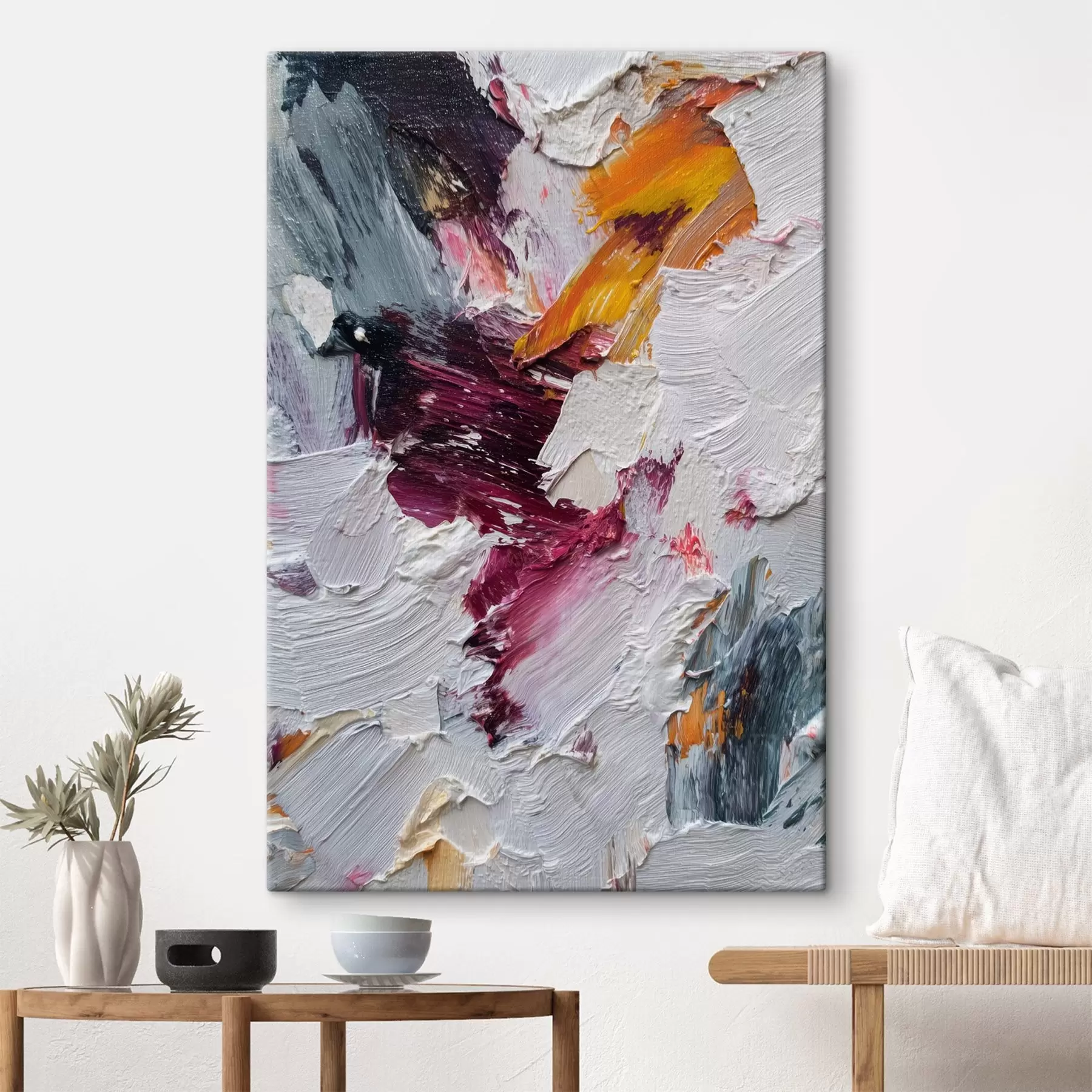  Schilderijen Abstracte compositie met intense kersen- en sinaasappelkleurige penseelstreken in olieverfstijl s46959