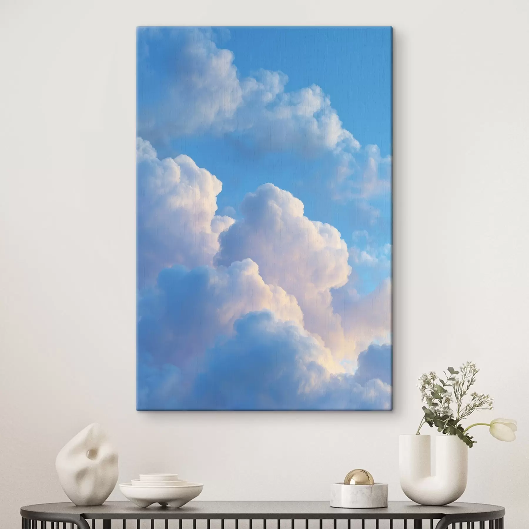  Schilderijen Volumineuze wolken in een zacht blauw en roze kleurenpalet in fotorealistische digitale grafische stijl s47088