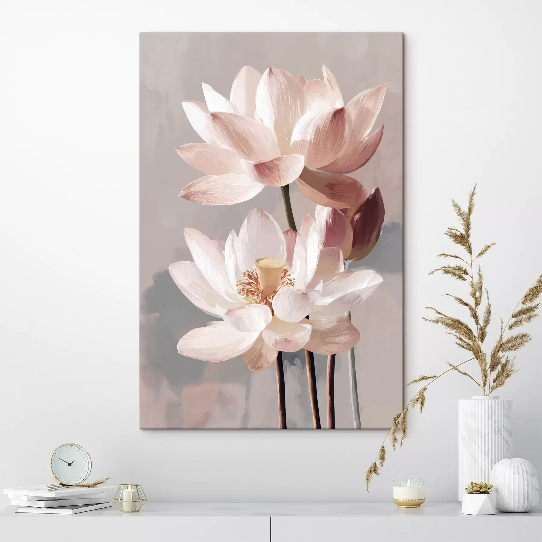  Peintures Lotus roses délicats sur fond pastel dans un style pictural moderne s47092