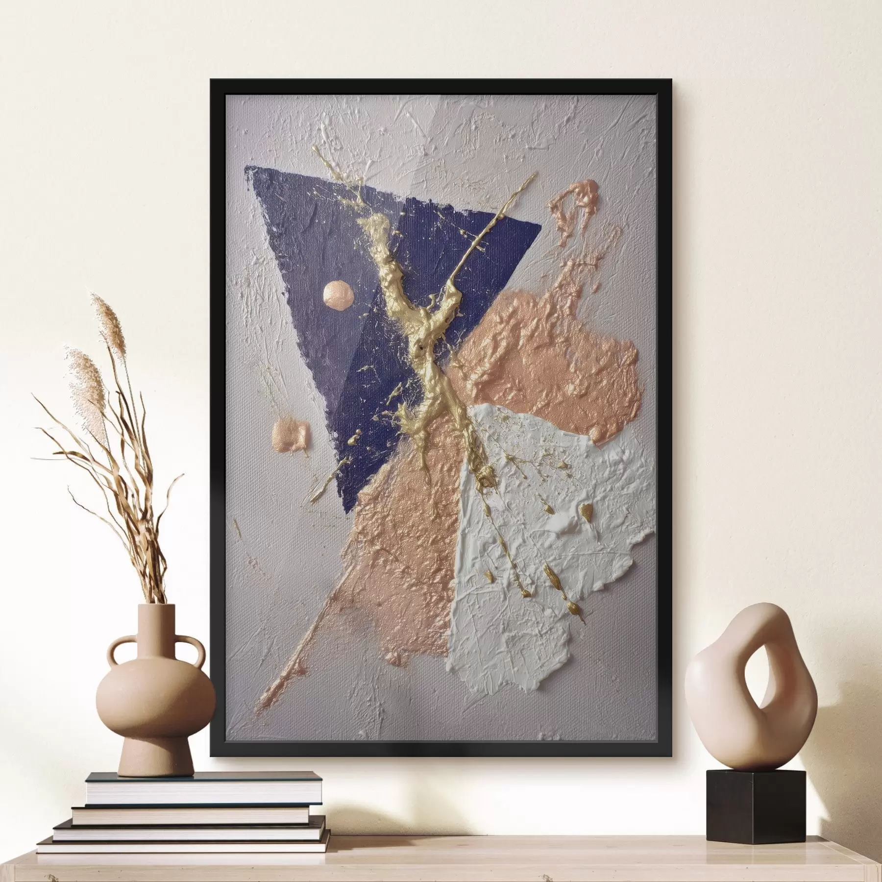 Fotobehang Abstracte compositie met een donkerblauwe driehoek en reliëfachtige penseelstreken in olieverfstijl f46953