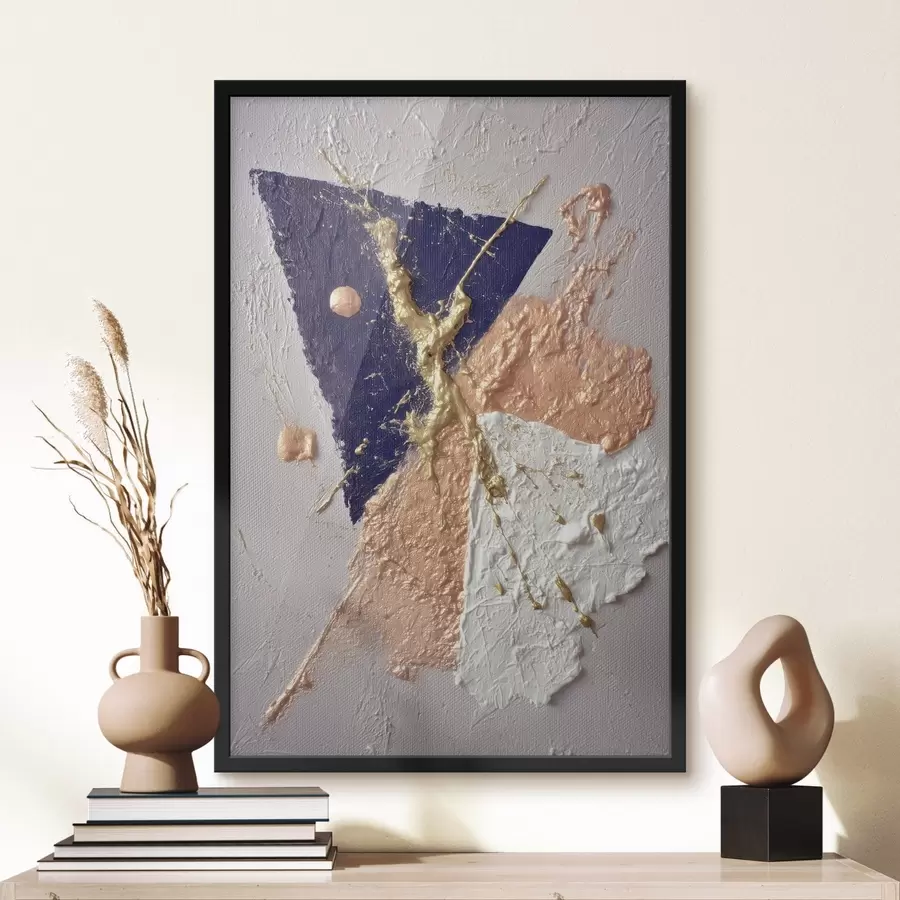 Fotobehang Abstracte compositie met een donkerblauwe driehoek en reliëfachtige penseelstreken in olieverfstijl f46953