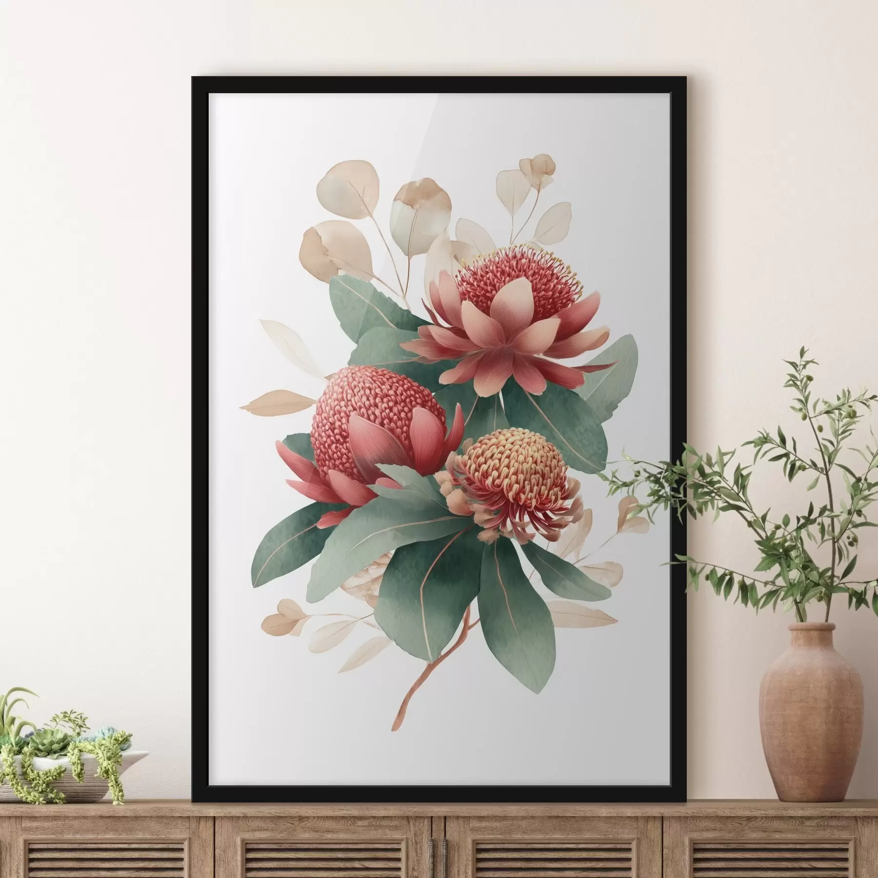 Fotobehang Bloemstuk met grote protea's en eucalyptus in moderne digitale schilderstijl f46955