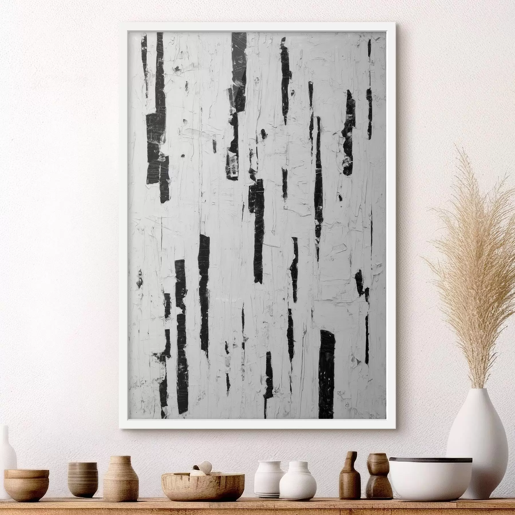 Papier peint photo Composition abstraite avec des traits verticaux noirs sur fond blanc, dans un style peinture à l'huile. f46956