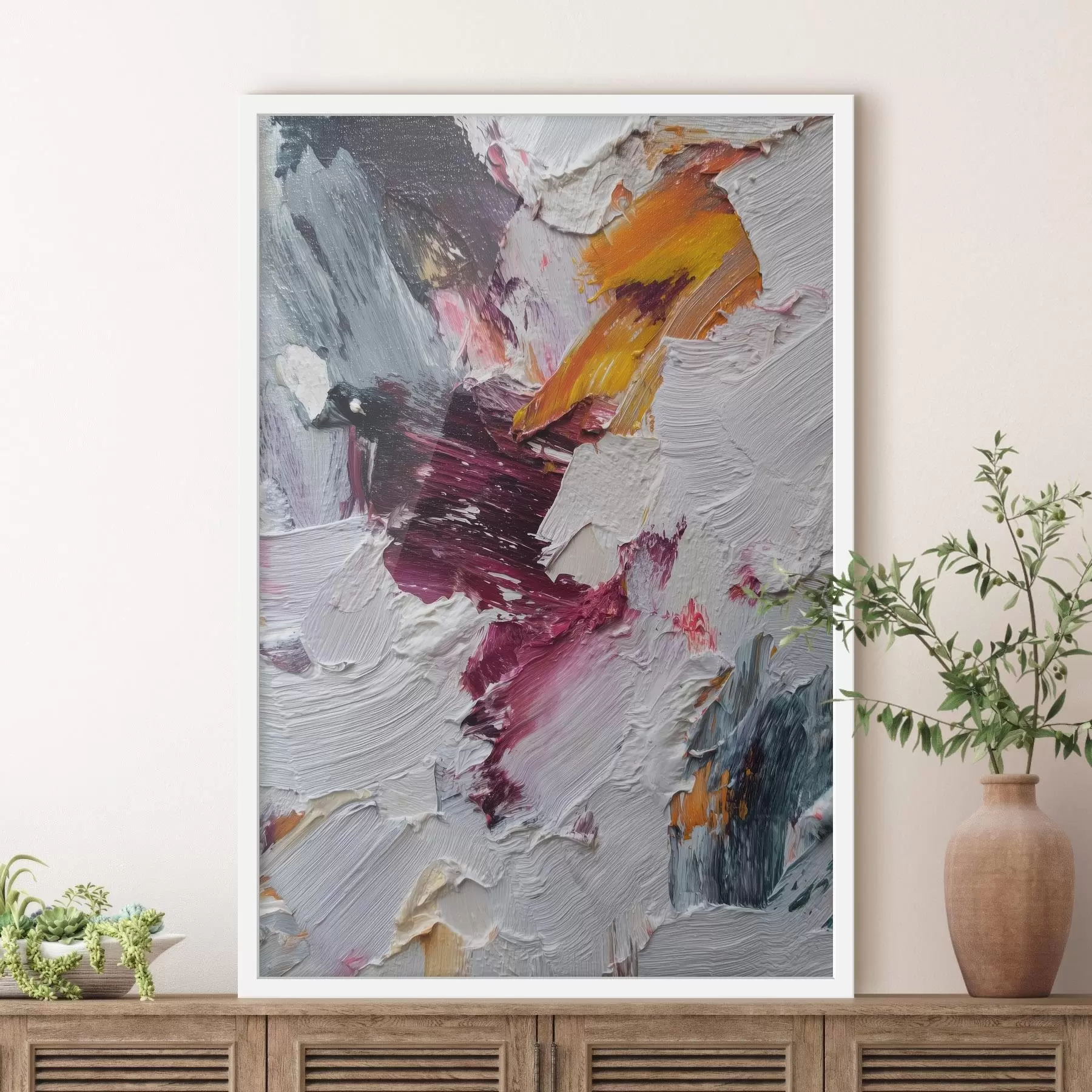 Papier peint photo Composition abstraite avec des touches intenses de cerise et d'orange dans un style de peinture à l'huile f46959