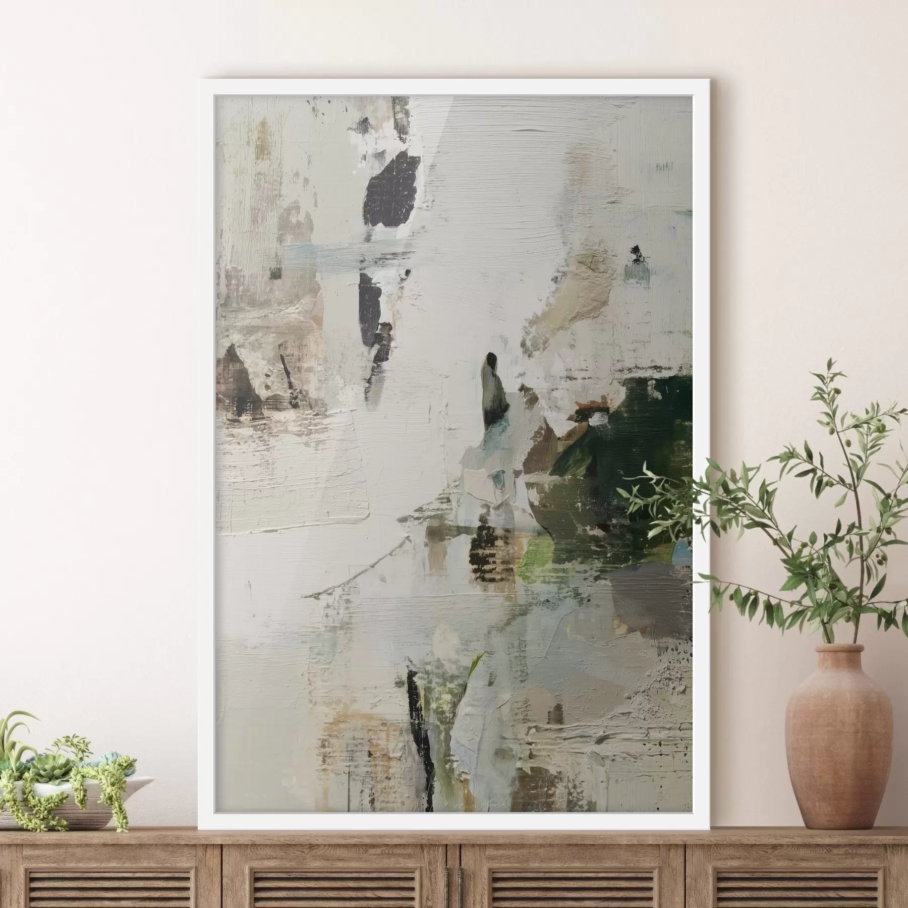 Fotobehang Abstracte compositie in pasteltinten met donkergroene accenten in olieverfstijl f46960