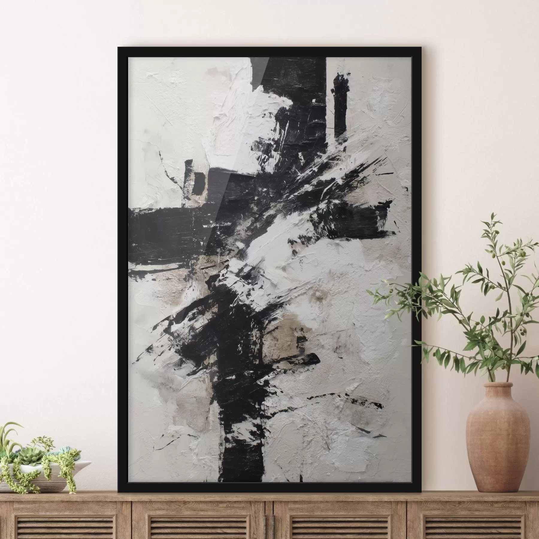 Fotobehang Modern abstract interieur met chaotische lijnen en volumetrische penseelstreken in canvas schilderstijl f47090