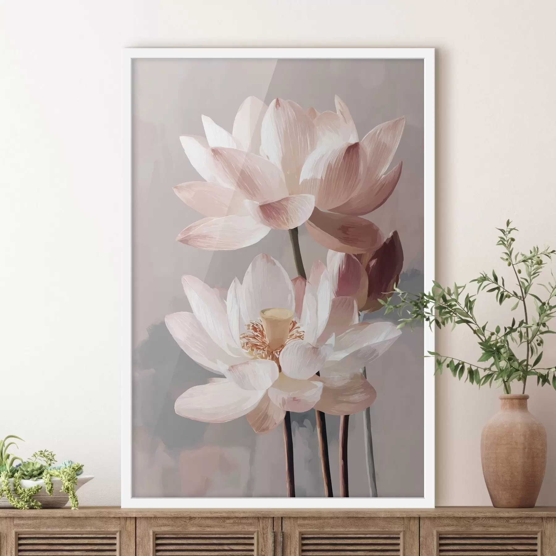 Fotobehang Delicate roze lotussen op een pastelkleurige achtergrond in moderne schilderstijl f47092
