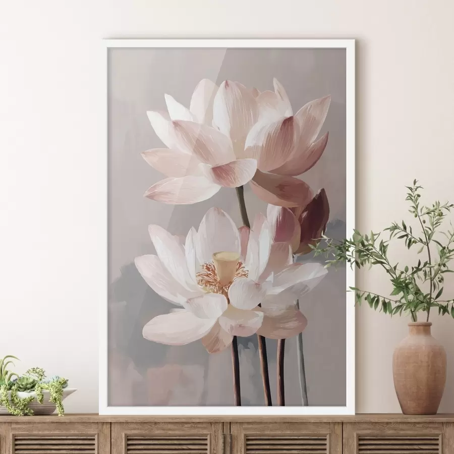 Fotobehang Delicate roze lotussen op een pastelkleurige achtergrond in moderne schilderstijl f47092