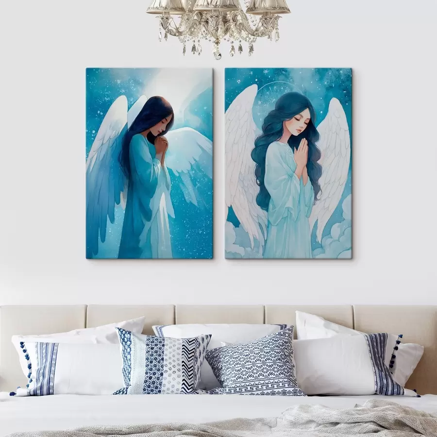  Peintures Art sacré moderne dans un style aquarelle représentant un ange gardien vêtu d'une robe bleue. m01153