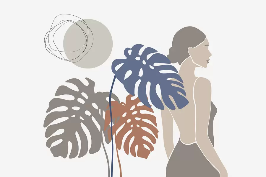 Papier peint photo Silhouette d'une femme près de feuilles tropicales w05192