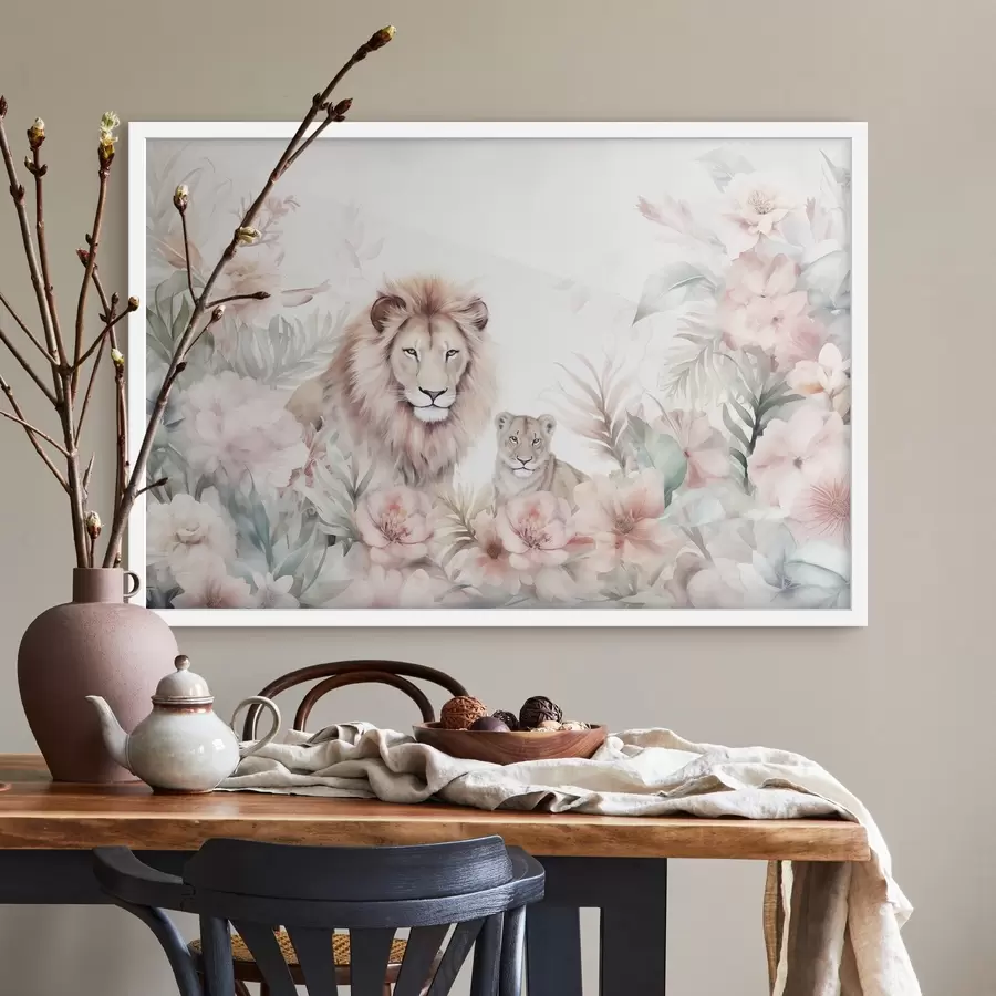 Fotobehang Leeuwen in tropisch struikgewas, imitatie-aquarel f47640