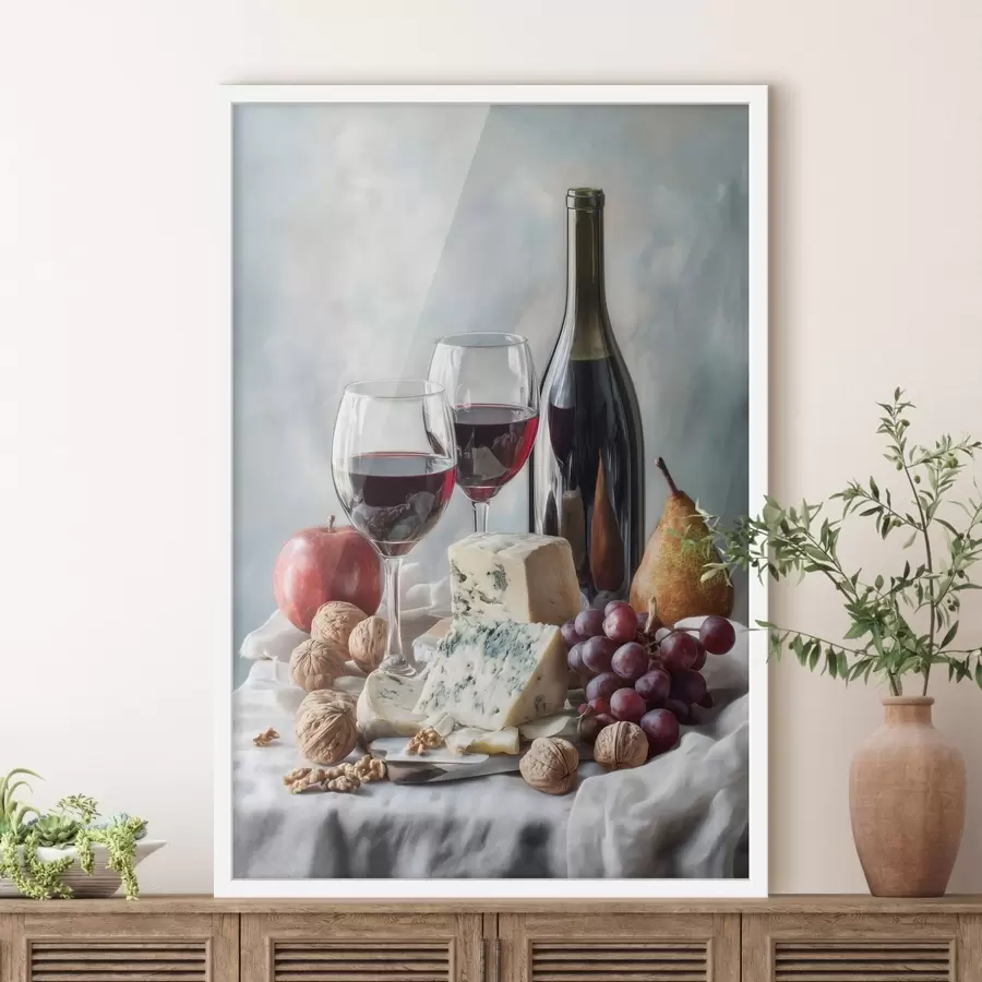 Papier peint photo nature morte avec vin, fromage et noix f47686
