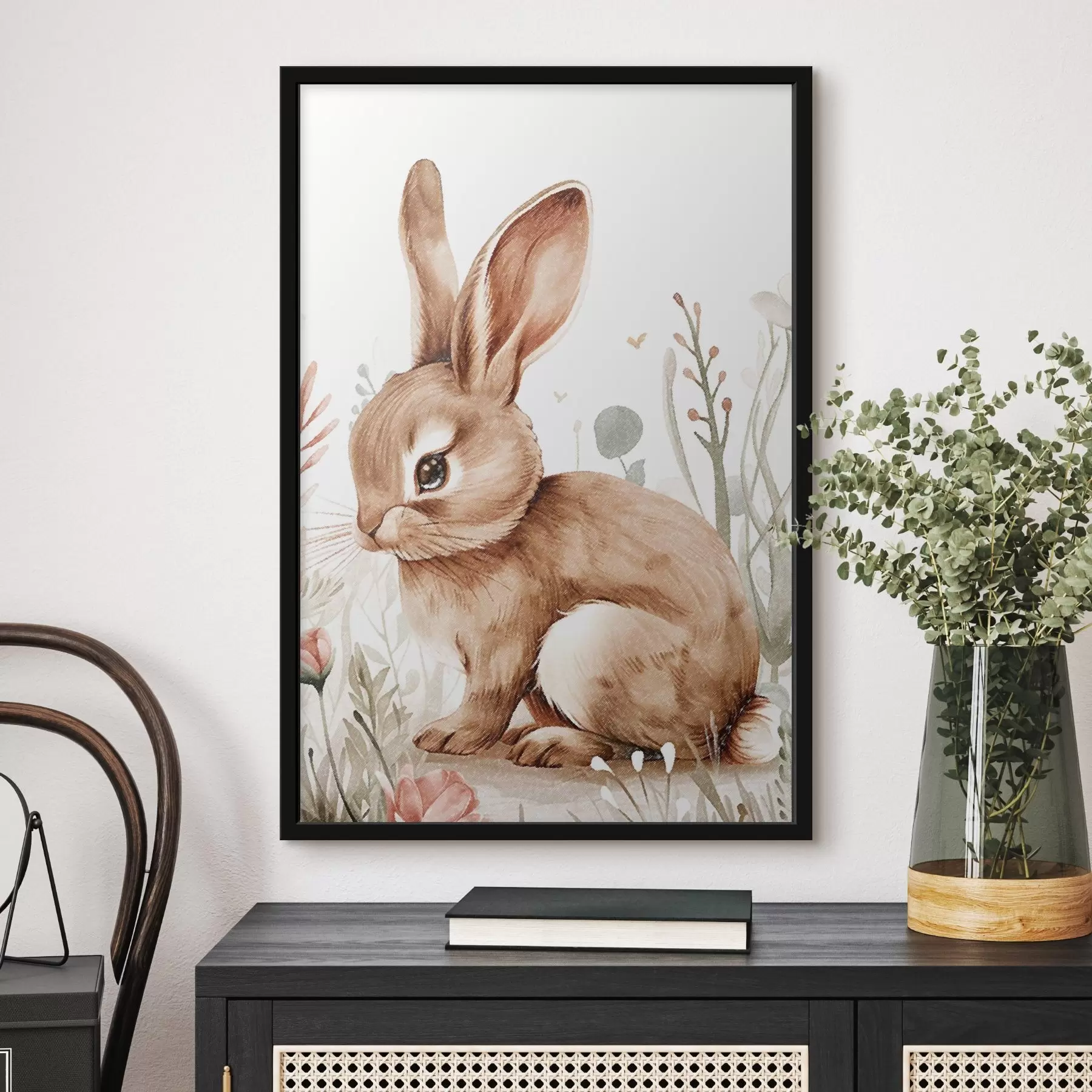 Papier peint photo Adorable lapin dans les fleurs, effet crayonné f47741