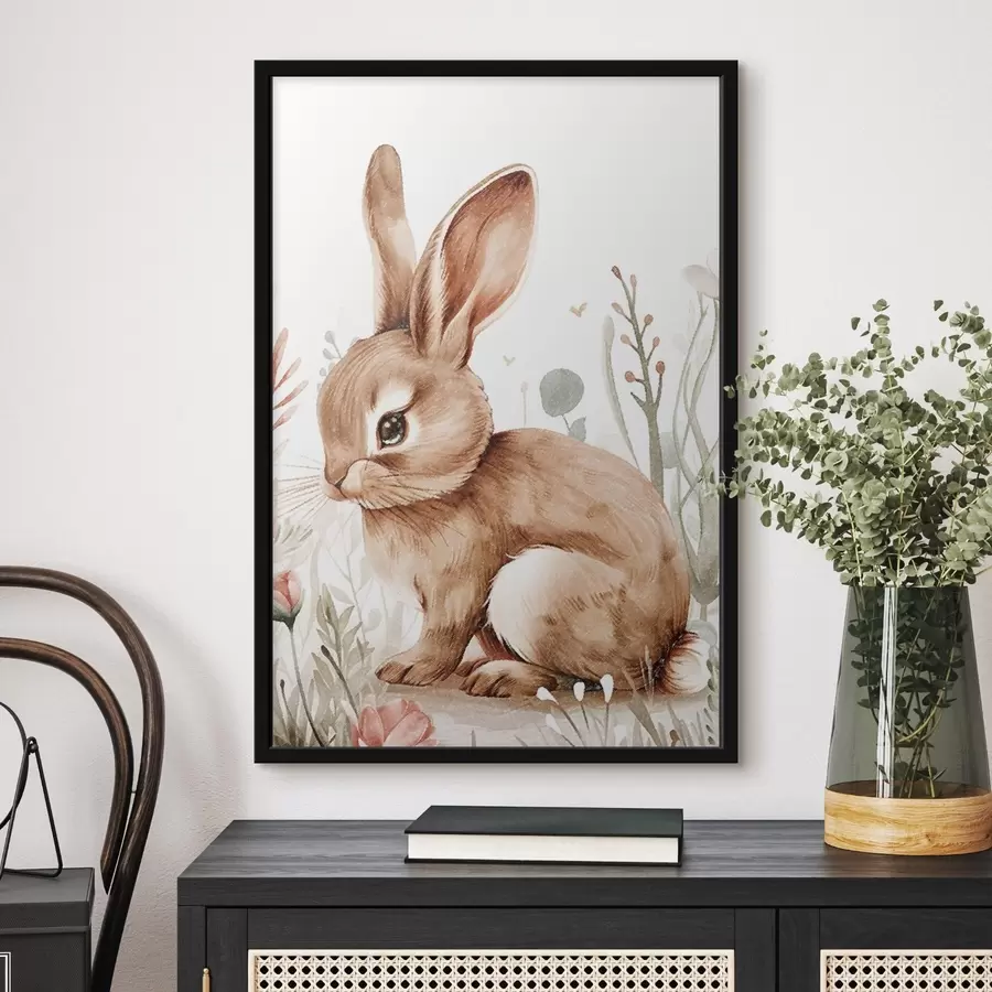 Papier peint photo Adorable lapin dans les fleurs, effet crayonné f47741