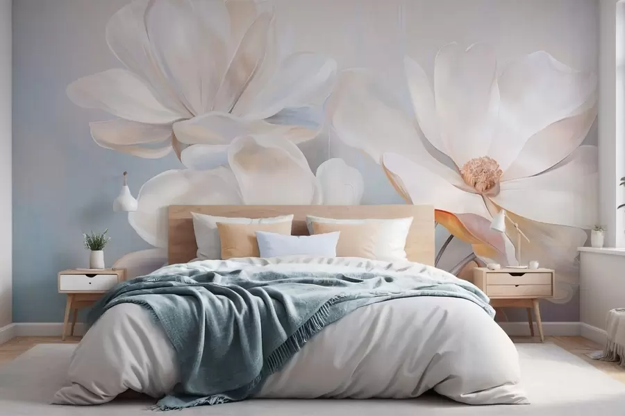 Fotobehang Witte fantasie-magnoliabloemen met delicate, gestructureerde bloemblaadjes, een zachte, abstracte achtergrond w09373