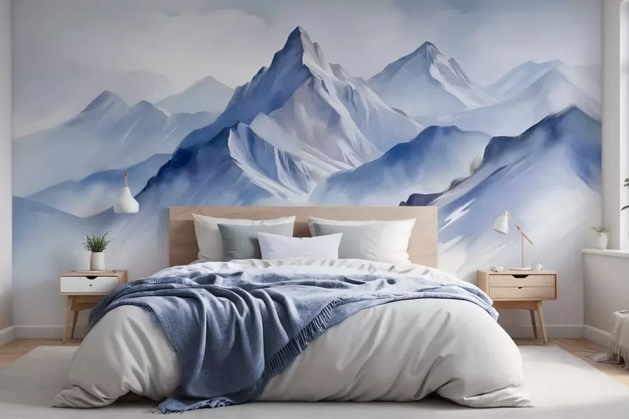 Papier peint photo Montagnes enneigées texturées avec un effet aquarelle doux et une palette de bleus et de blancs w09630