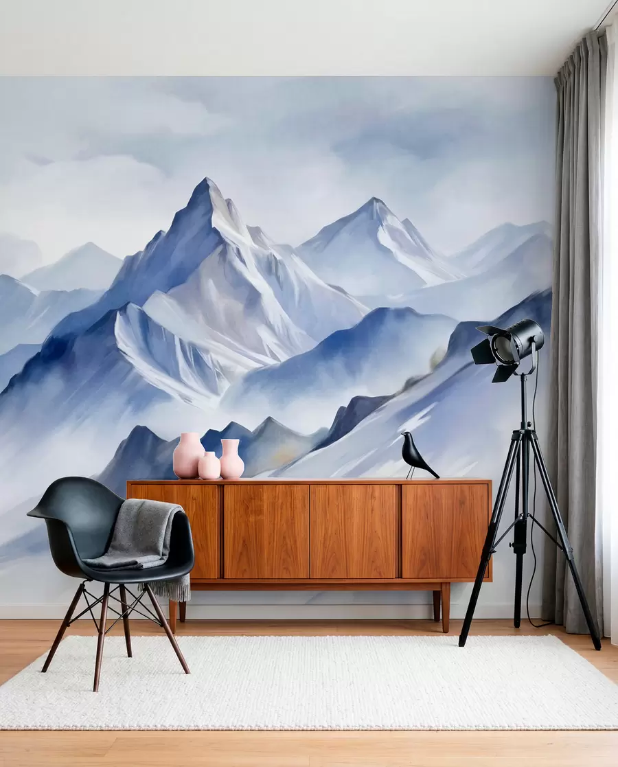 Fotobehang Getextureerde besneeuwde bergen met een zacht aquareleffect en een palet van blauw en wit w09630
