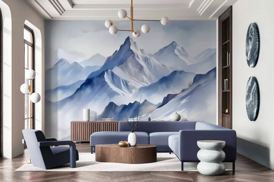 Fotobehang Getextureerde besneeuwde bergen met een zacht aquareleffect en een palet van blauw en wit w09630