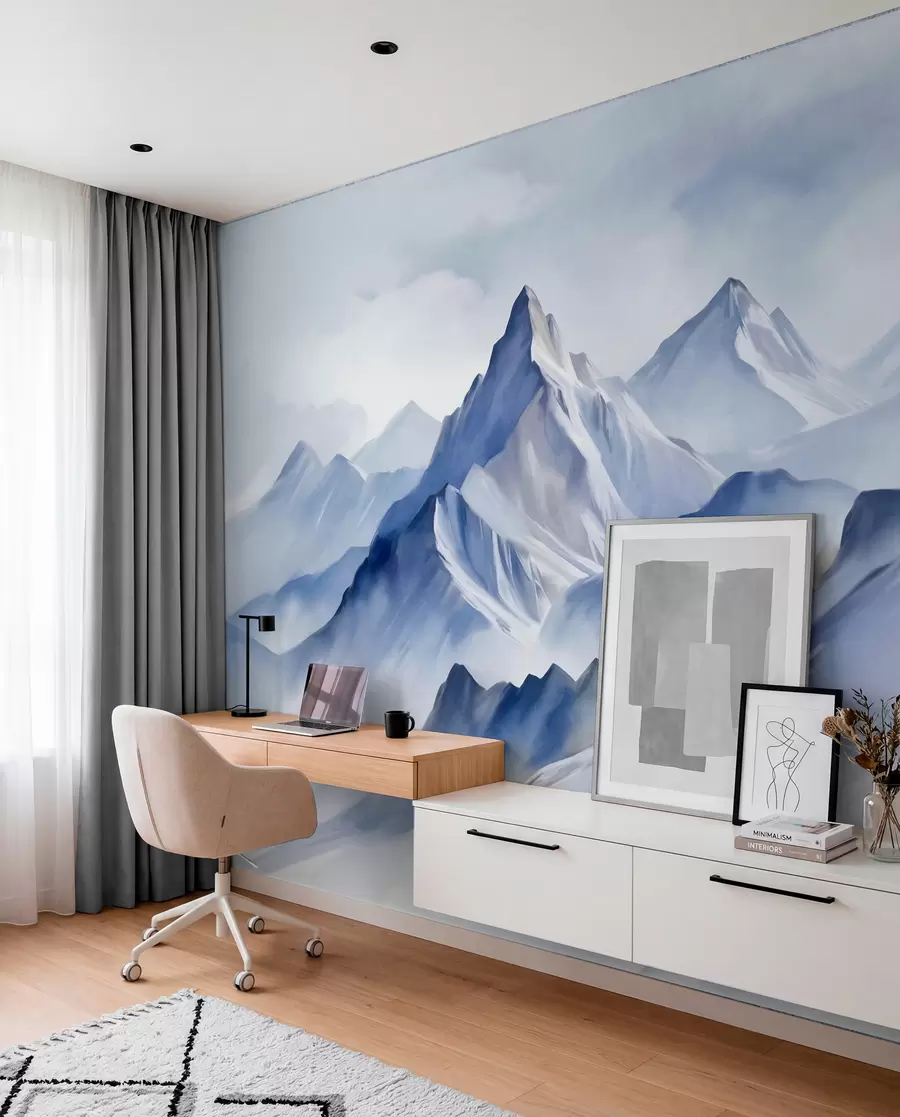 Fotobehang Getextureerde besneeuwde bergen met een zacht aquareleffect en een palet van blauw en wit w09630