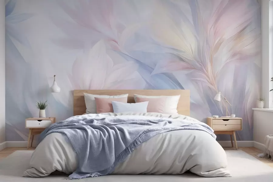 Fotobehang Zachte, pastelkleurige bladeren en veren in roze, blauw en geel, abstracte print met textuur w09634